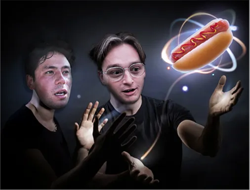 Malcolm and Spencer controlling a floating hotdog with arcane energy